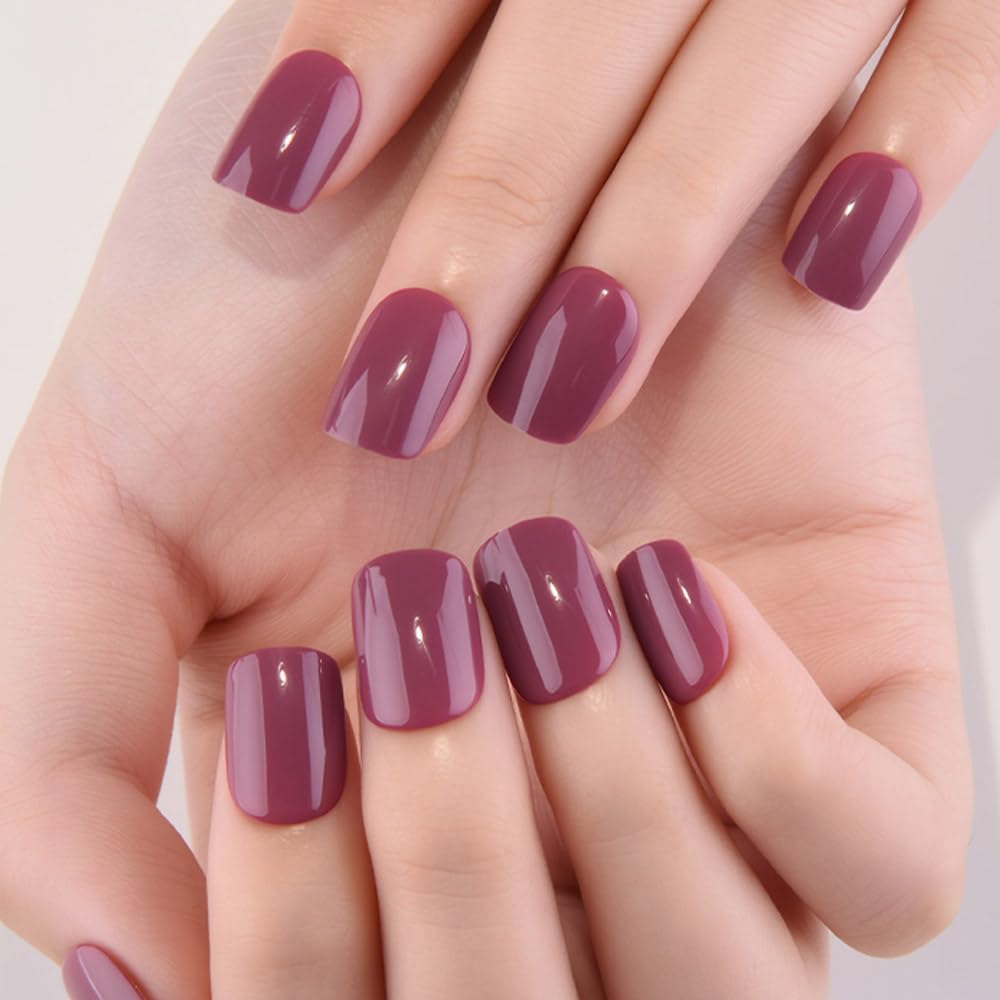 evpct Maroon Glossy Press on Nails Short Square No Glue, Glossy Maroon Fake Nails Summer Reusable, Acrylic False Nail Stick on Press ons for Women Gift, Perfectly Fit Durable False Nail Kit 30Pcs