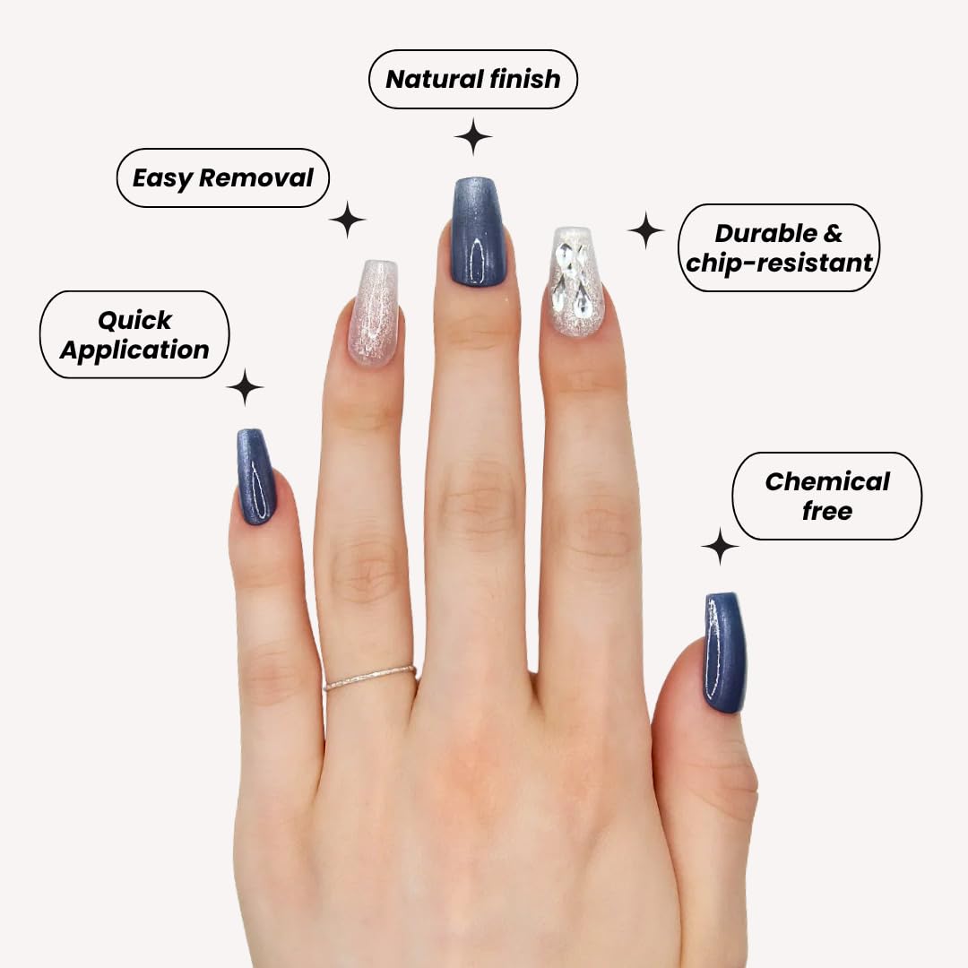 Votrenaeil Press On Nails - Starry Night | No Glue Coffin Navy Nails with Glitter & Shimmer Finish for Party - 24 Pcs Nail Kit with Adhesive Tabs