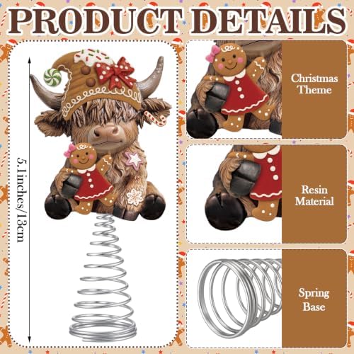 Gejoy Gingerbread Man Highland Cow Miniature Tree Topper, 5.1 Inches Mini Resin Cattle Topper Decorations for Rustic Home Farmhouse Holiday Accents Party Decor, Fall Thanksgiving Xmas Gift Ideal