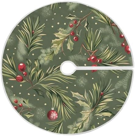 Christmas Balls Fir Holly Berry Christmas Tree Skirt Large Xmas Tree Decoration 48 inch Holiday Burlap Tree Mat Cover for 4 ft Trees
