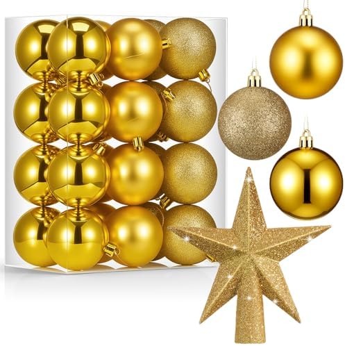 RoundFunny 25 Pcs Mini Christmas Balls Ornaments Set 2.36 Inch Christmas Day Ball Topper Star Tree Hanging Ornaments for Party Decoration(Gold)