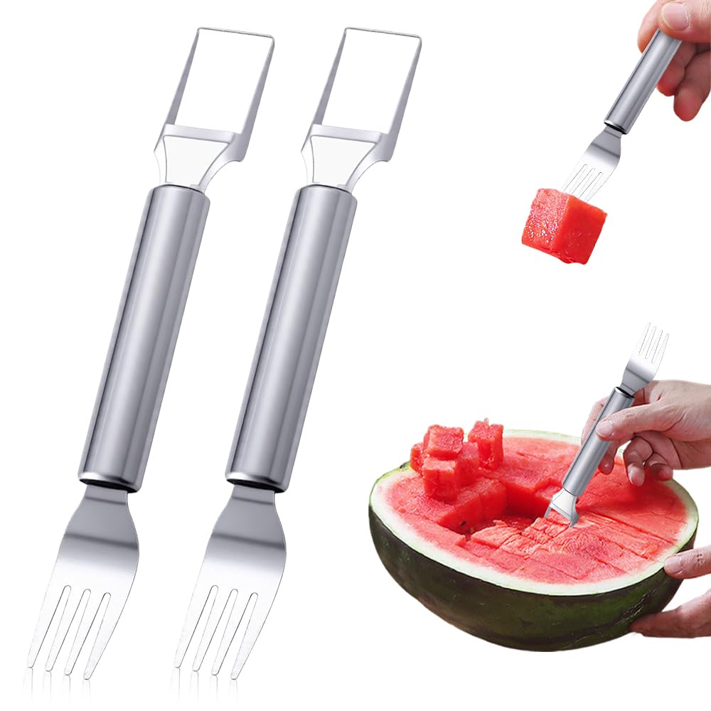 2PCS 2-in-1 Stainless Steel Fruit Cutter, 2026 Upgraded Dual Head Watermelon Fork Slicer Cutters Tool, Summer Watermelon Fork Cutter Slicers Tool Home Kitchen Gadgets (2)