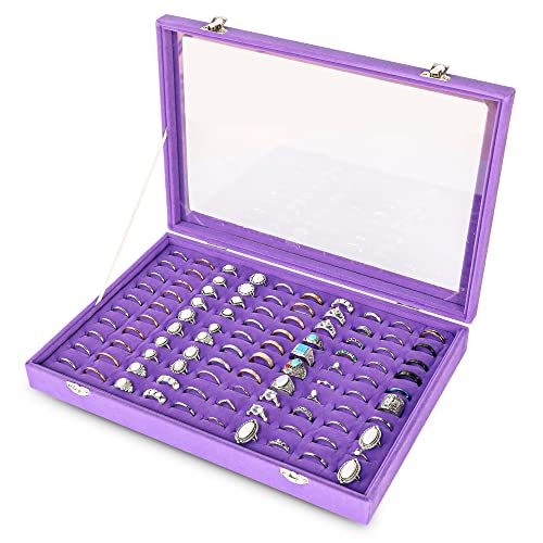 Frebeauty Ring Organizer Tray 100 Slots Ring Holder with Clear Lid Velvet Storage Box Jewelry Tray for Jewelry Store Earring Display Case for Jewelry Show Studs Box for Women(Purple) - color: Purple
