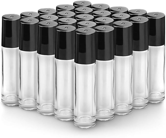 Sungwoo 25 Pack Essential Oil Roller Bottles, 10ml Clear Glass Bottles with Stainless Steel Roller Ball and Cap for Travel, Perfume and Lip Gloss
