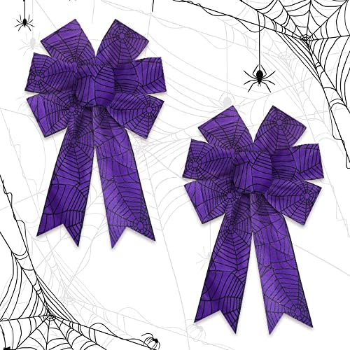 Heureppy 2pcs Halloween Wreath Bows Decor Bow Purple Spider Web Burlap for Wreaths, Large Ribbon Tree Topper Home Indoor Outdoor Decoration Ornament