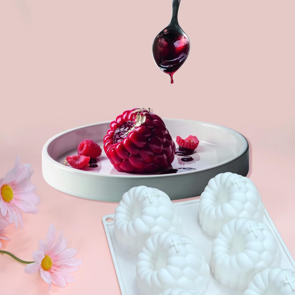 6-Hole Raspberries Mousse Cake Mold Food Grade Silicone Molds for Baking 3D Raspberries Pudding Cakes Silicone Mold Dessert Chocolate Molds Rubus Fruit Cake Decorating Tools Non-stick Baking Mould
