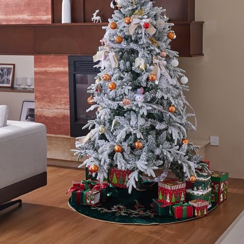 X.Sem Holly Leaf Embroidered Velvet Christmas Tree Skirt with Pleat Velvet Border 50'' (Dark Green, 50 inch)