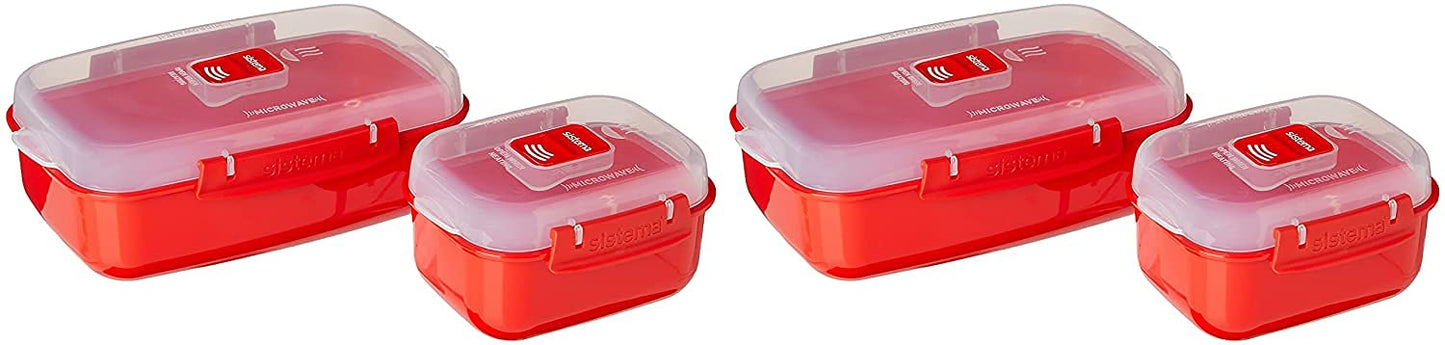 Sistema Heat & Eat Microwave Container Set, 4 Rectangular Microwaveable Food Containers with Lids & Steam Release Vents, Dishwasher & Freezer-Safe Food Storage, 2 x 1.25L & 525mL Sizes, BPA-Free
