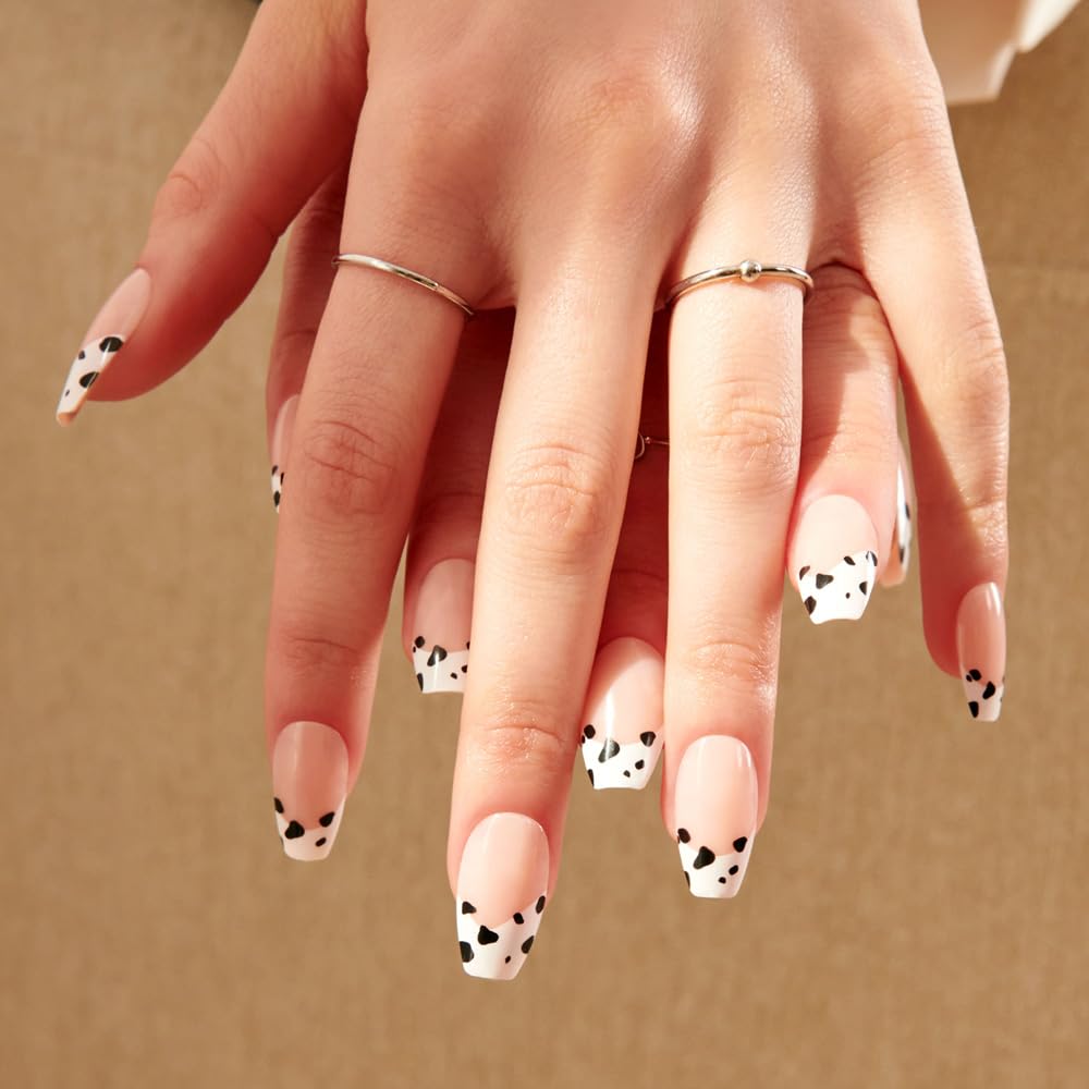 MUZMAK Reusable Press On Nails - Milk Cow - Long Coffin Press On Nails, Cow Print French Tip Fake Nails (Pack of 36)