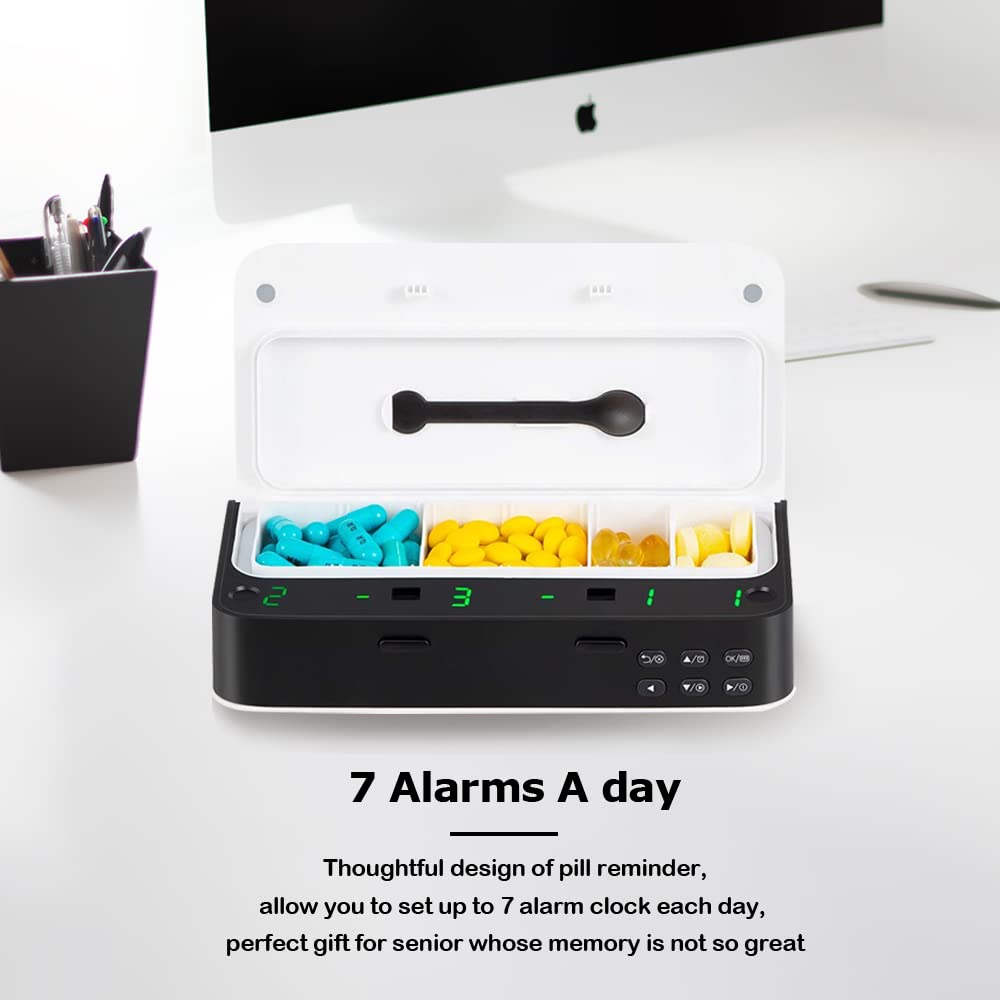 Pill Dispenser with Alarm, Daily Medicine Pill Organizer with up to 7 Alarms A Day,Smart Pill Box 6 Compartments, Christmas Thanksgiving Gift Pill Reminder for Elderly (Blue)