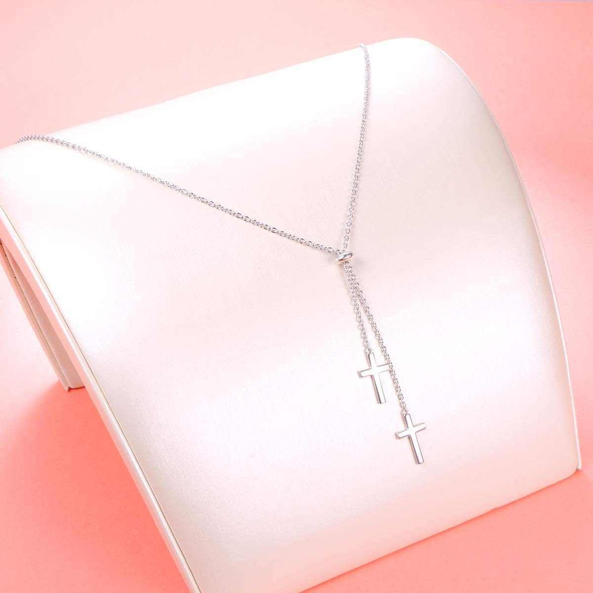 FLYOW Long Chain Dainty Necklace Simple Style 925 Sterling Silver Heart Pendant Adjustable Y Shaped Necklace Jewelry (Cross)