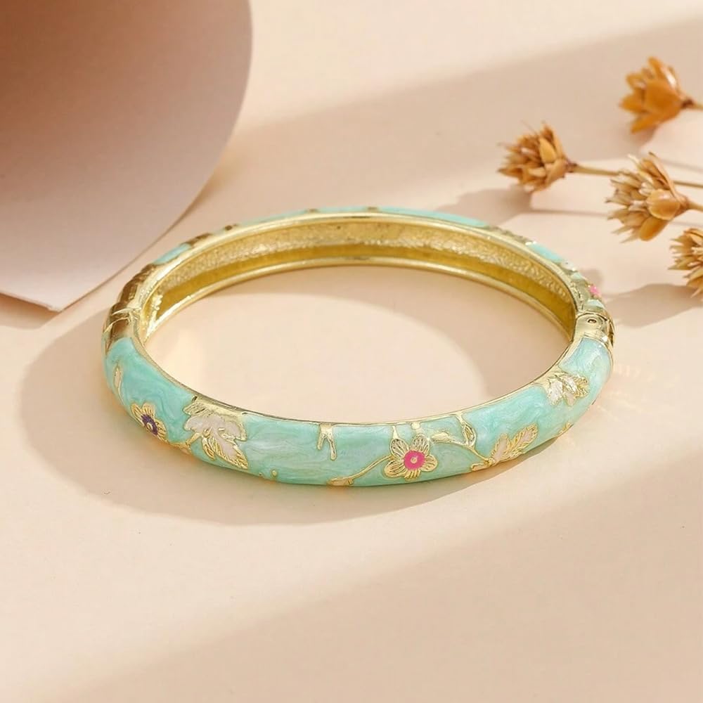 Cloisonne Bracelet For Women, Chunky Bangle Trendy Cute Flower Enamel Bangles Multi Tone Engraved Cuff Gold Plated Bracelets Stackable Wife Jewelry Friendship Gift (Light Blue, One Size)