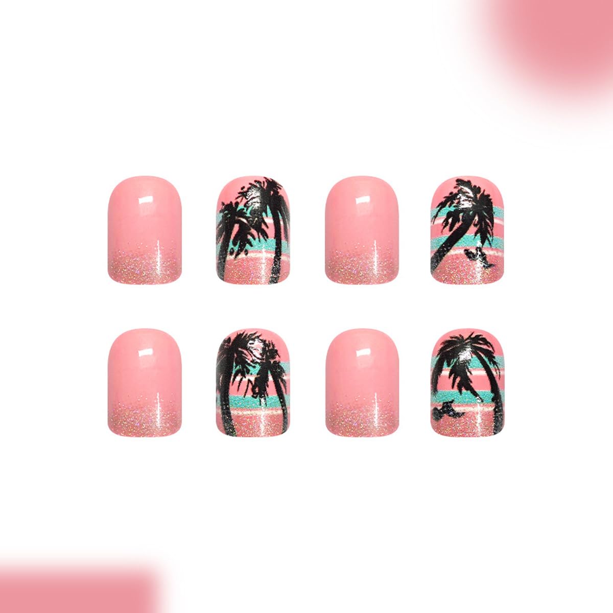 Summer Pink Press on Nails Short Square - Glitter French Tip with Palm Tree & Seagull, Full Cover Glossy Fake Nails 24PCS for Women DIY Manicure