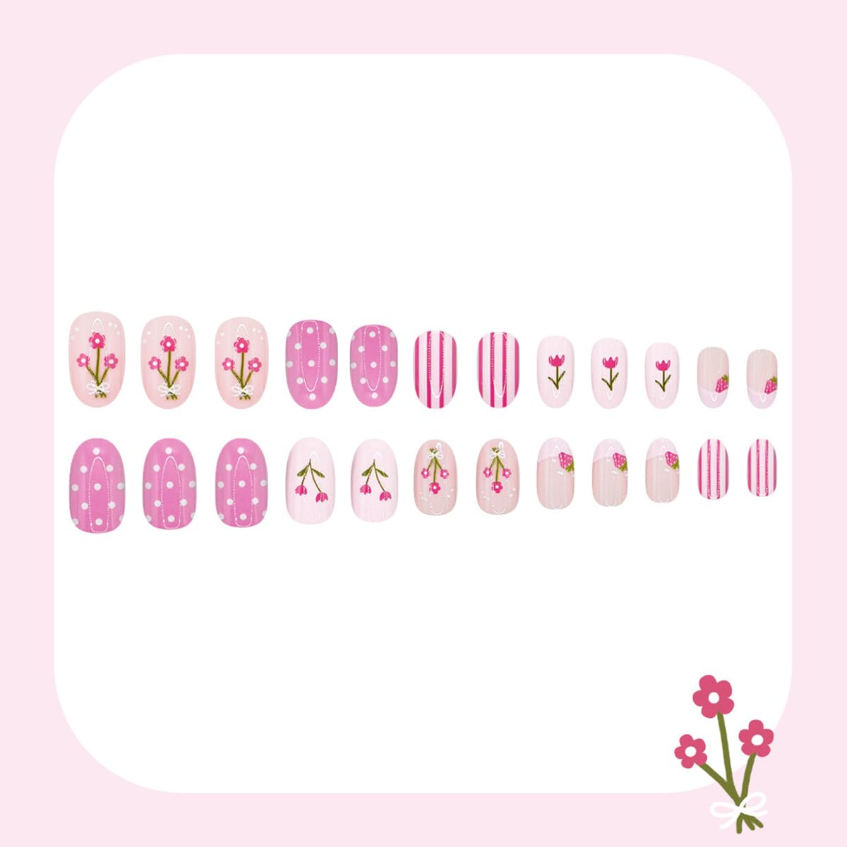 Pink Press on Nails Short Oval Fake Nails Spring Summer False Nails Press ons with Flower Design, Cute Nails Reusable Full Cover Glue on Nails for Women Girls, Manicure Kit 24Pcs