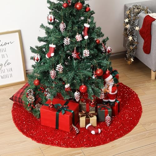 Mr. Pen- Christmas Tree Skirt, 48 inch, Red Sequin Tree Skirt