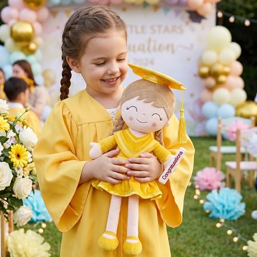 Gloveleya 16" Yellow Graduation Doll - Bright & Cheerful Plush Toy with Cap & Gown - Preschool Kindergarten Graduation Gift for Daughter, Class of 2026