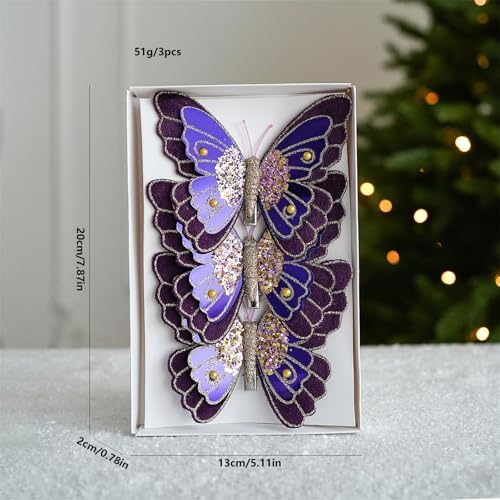 LEBETE Pack of 3 Double Layer Butterfly Christmas Tree Clips Accessory Elegant Fabric Ornaments for Holiday Decorations