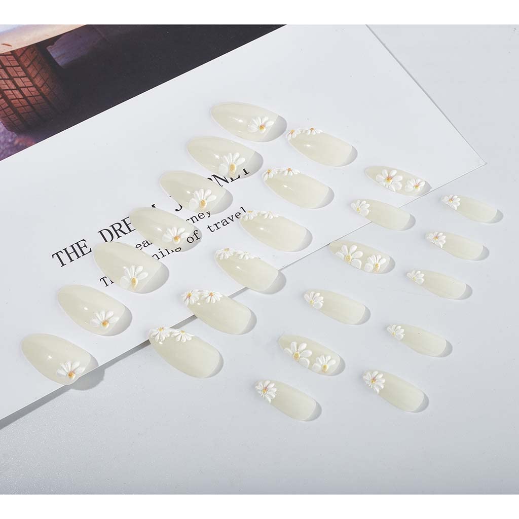 RikView White Almond Press on Nails Medium Fake Nails Nude Stick on Nails Embossed Nails with Daisy Design