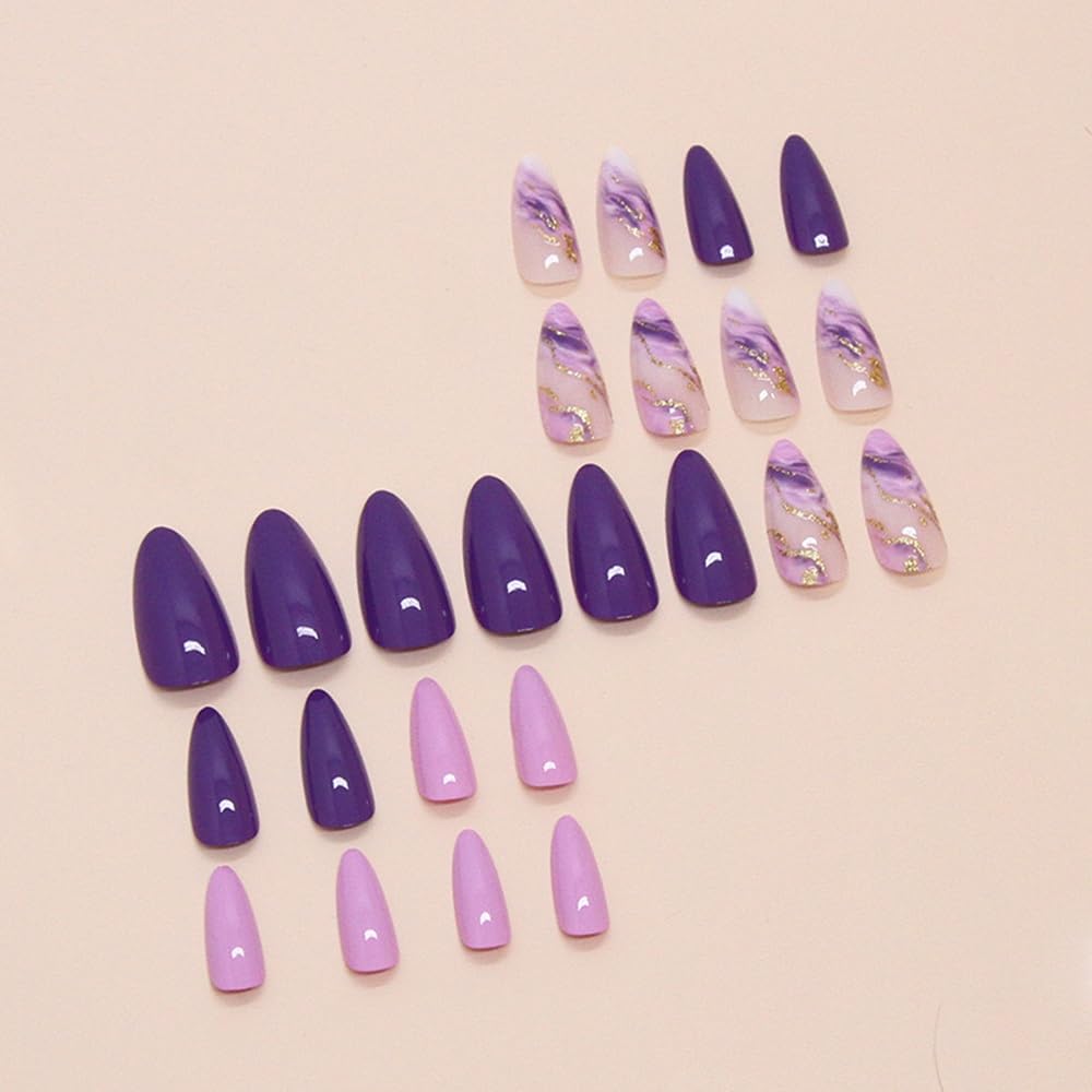 Purple Press on Nails Almond - Medium Fake Nails with Marble Texture Design - Ombre, Glitter Stick on False Nails for Women 24 Pcs