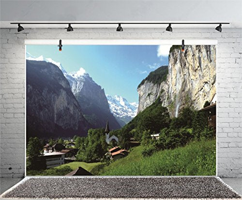 Leyiyi 5x3ft Photography Background Switzerland Alps Backdrop Lauterbrunnen Valley North European Travel Countryside Building Forest Photo Portrait Vinyl Video Studio Prop - size: 5x3ft