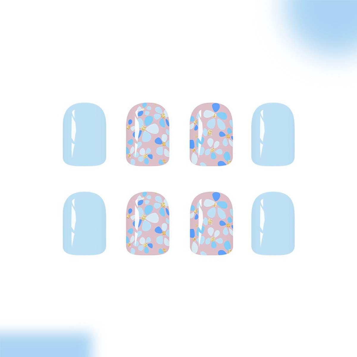 Square Press On Nails Short Fake Nails Blue False Nails With Flower Design Full Cover Acrylic Summer Glue On Nail Artificial Glossy Reusable Stick On Nail For Women 24pcs