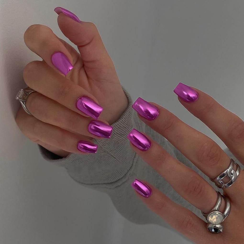 Purple Chrome Square Press on Nails Short Medium,KQueenest Mirror Metal Plating False Acrylic Nails Press Ons,Metallic Fake Nails,Glue on Nails Medium Length,Glossy Stick on Nails in 24PCS