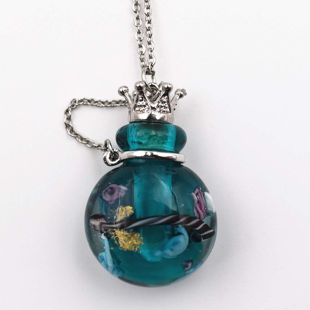 Stainless Steel Colored Glass Pendant Necklace Diffuser Perfume Pendant Aromatherapy Charms (Peacock Blue)