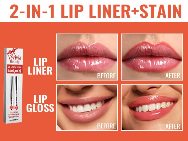 2pcs Lip Stain Peel Off - Lip Liner Stain Long Lasting Waterproof,2-in-1 Lip Liner with Tweezer Nude Matte,Non-Stick Cup,Highly Pigmented，Natural Finish,Stay On All Day,Perfect for Gift (Nude+Mauve)