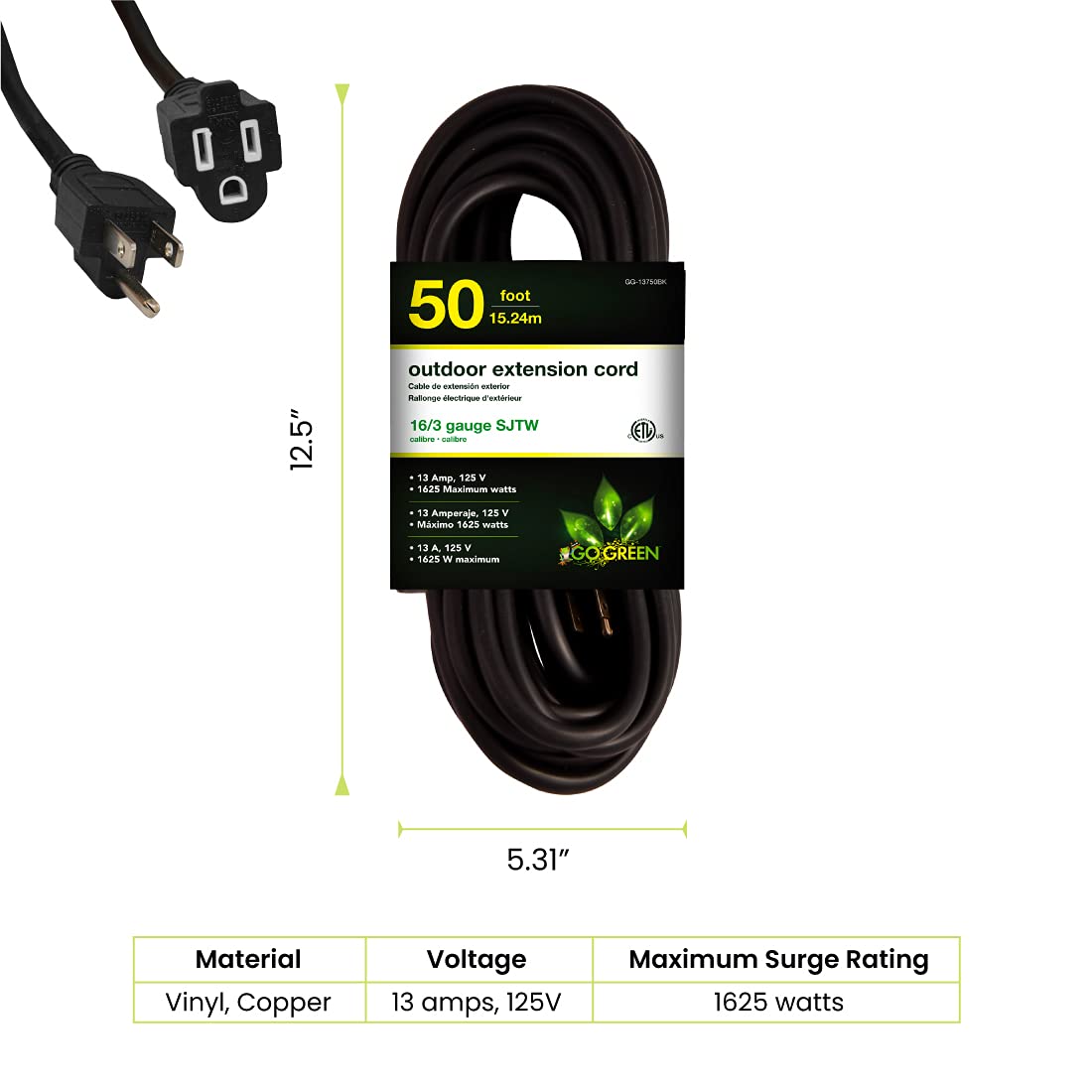 Power By GoGreen Go Green Power Inc. 16/3 50ft Black Outdoor Extension Cord - Durable, Heavy Duty, Moisture Resistant - Ideal for Tools & Equipment - GG-13750BK