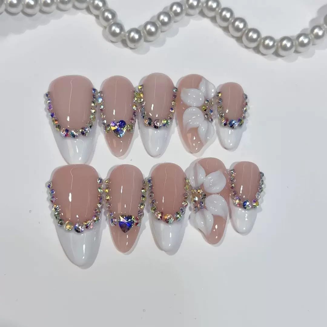 Haozerart Luxury Handmade Press On Nails, Medium Almond French Fake Nails with Rhinestones Floral Designs, Reusable Salon Quality Nails for Women (M Size, 10Pcs)
