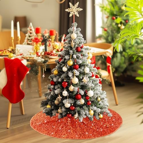 21 Inches Mini Christmas Tree Skirt - Orange Sequins for Pencil Tree Mat, Burnt Orange Glitter Halloween Skirt, Small Velvet for 4ft Xmas Tree Decorations