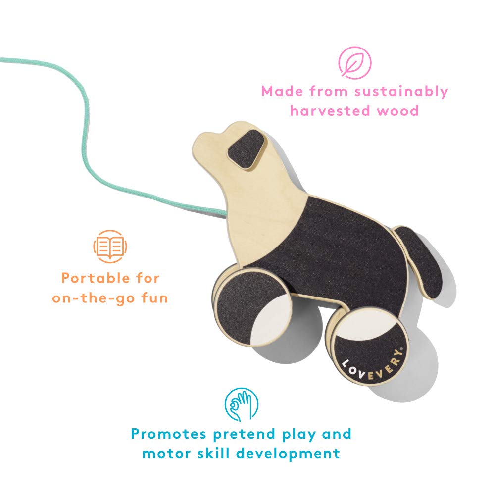 LOVEVERY |The Pull Pup | Wooden Push Pull Toy, Black/White/Natural Wood, Sustainable Toy for Toddler, Ages 18+ Months
