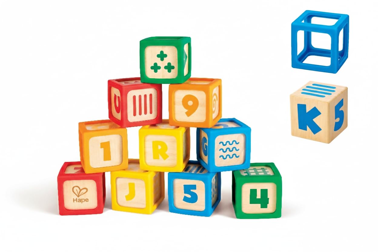 Hape Grip-n-Stack 10-Piece Wooden Building Blocks with Silicone Edges - Educational Alphabet & Number Stacking Toy for Toddlers and Babies - Fine Motor Skills & Sensory Play Set