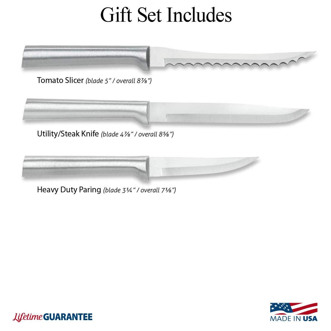 Rada Cutlery Cooking Essentials Gift Set (S49), 3-Piece Knife Set with Quick Edge Sharpener (R119), Stainless Steel Blades, Silver Handle