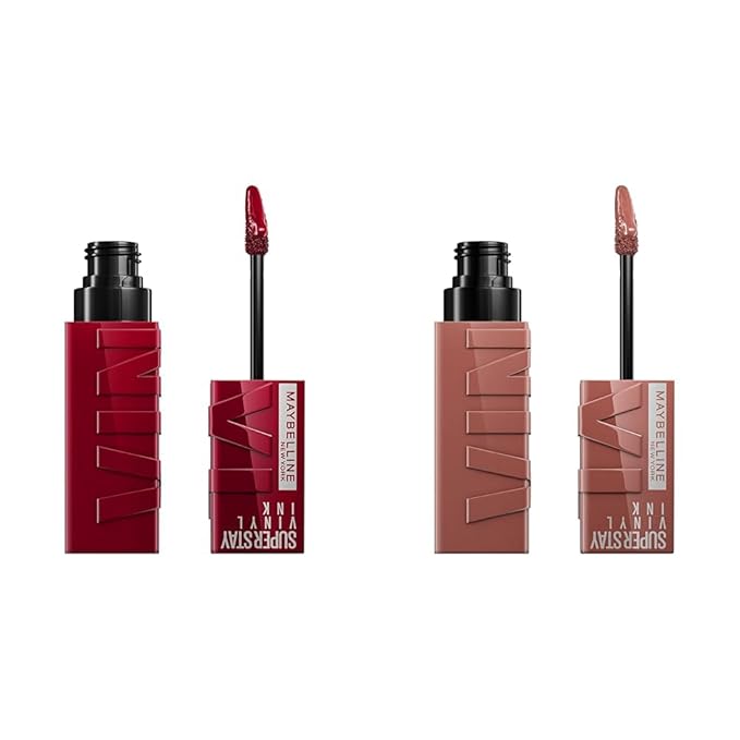 MAYBELLINE Super Stay Vinyl Ink Longwear No-Budge Liquid Lipcolor Makeup Bundle with Royal Deep Wine Red 0.14 fl oz and Punchy Nude 0.14 fl oz Lipsticks
