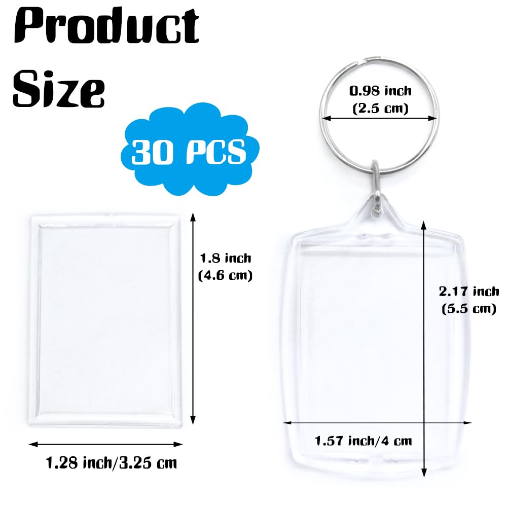 Baaxxango 30 pcs Acrylic Photo Frame Keyring,2.16 x 1.5 Inch/5.5 x 4 cm Personalized Keychains,Clear Picture Keychain as Gift,Suit for Artwork