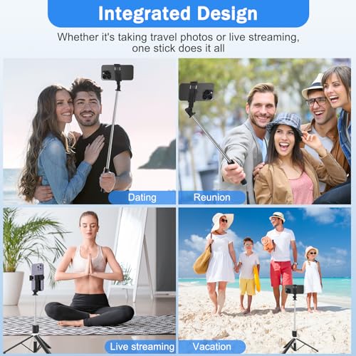 Selfie Stick Tripod with Fill Light, Phone Selfie Stick,Durable Stainless Steel Design,Bluetooth Remote Control,and Stable Three-Legged Support for Live Broadcasts,Video Shooting (Black) - color: Black