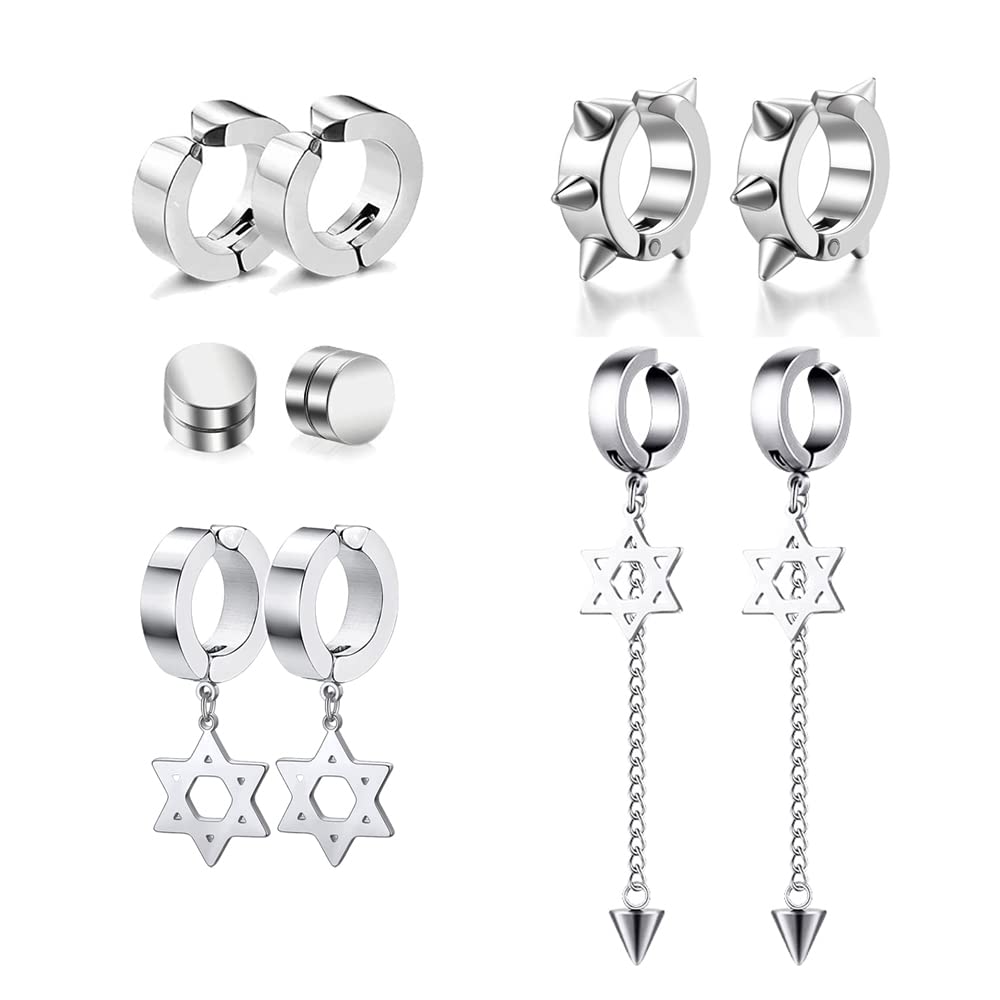 5 Pairs Silver Stainless Steel Non-Piercing Spike Rivet Star of David Dangle Tassel Clip on Hoop Earrings Set for Women Men, Non Pierced Fake Ear Clip Stud Earrings