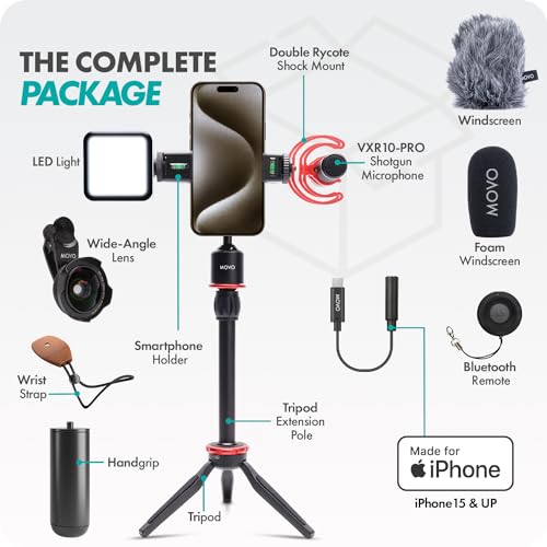 Movo iVlog1-IP Vlogging Kit for iPhone 15/16/17 and up - USB-C Compatible YouTube Starter Kit - with Shotgun Microphone, Mini Tripod, LED Light, Wide-Angle Lens, USB C Adapter, VXR10-PRO - size: USB-C