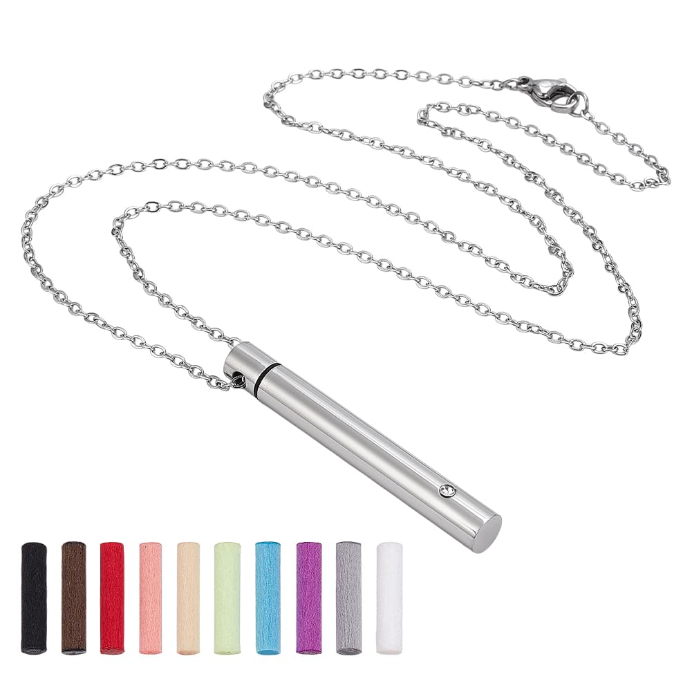 FINGERINSPIRE Column Essential Oil Necklace with 10Pcs Fibre Perfume Pads 20.35 inch Aromatherapy Diffuser 304 Stainless Steel Diffuser Scent Perfume Necklace Aroma Decorative Pendant