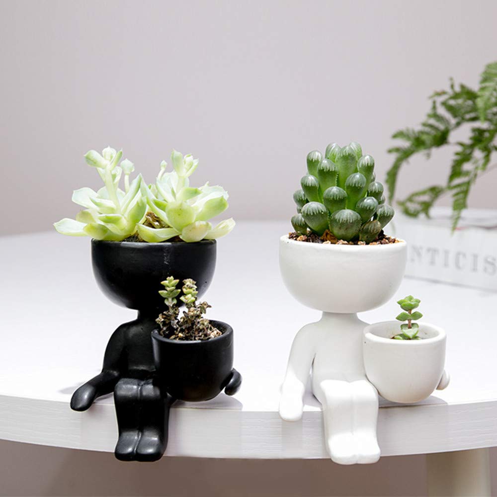 DIYOMR Humanoid Ceramic Flower Pot Succulent Cactus Bonsai Planter Pots Container, Ceramic Crafts Vase Home Office Decoration Desk Window Sill Decor,Not Include Plants (Black-B)