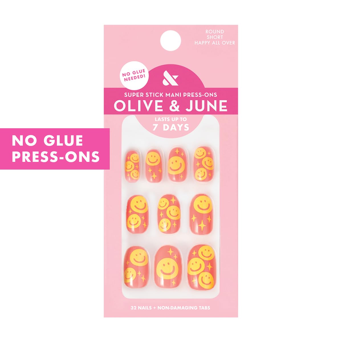 Olive & June Classic Super Stick Mani Press On Nails | No Glue Needed | 32 Tab Nails 16 Sizes | Non-Toxic Tabs Non-Damaging 7-Day Wear | Spring Flowers & Patterns | Short, Round| Happy All Over