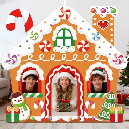 WovWeave Large Christmas Party Decorations Christmas Gingerbread House Photo Booth Props Selfie Frame Fabric Backdrop Xmas Tree Snowman Candy Background for Xmas Winter Holiday Decor 71 x 65 Inch - style: Gingerbread House