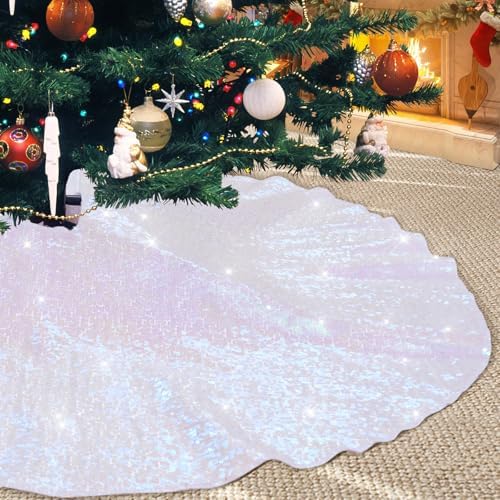 Poise3EHome Iridescent White Christmas Tree Skirt,36 Inch Sequin Tree Skirt