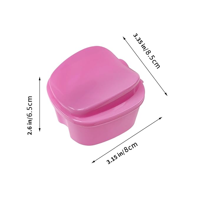 2pcs Denture Bath Retainer Case, Dentaure Cups for Soaking Dentures with Strainer Basket Tray,Compact and Pportable Design, Suitable for Traveling (Purple+Pink)