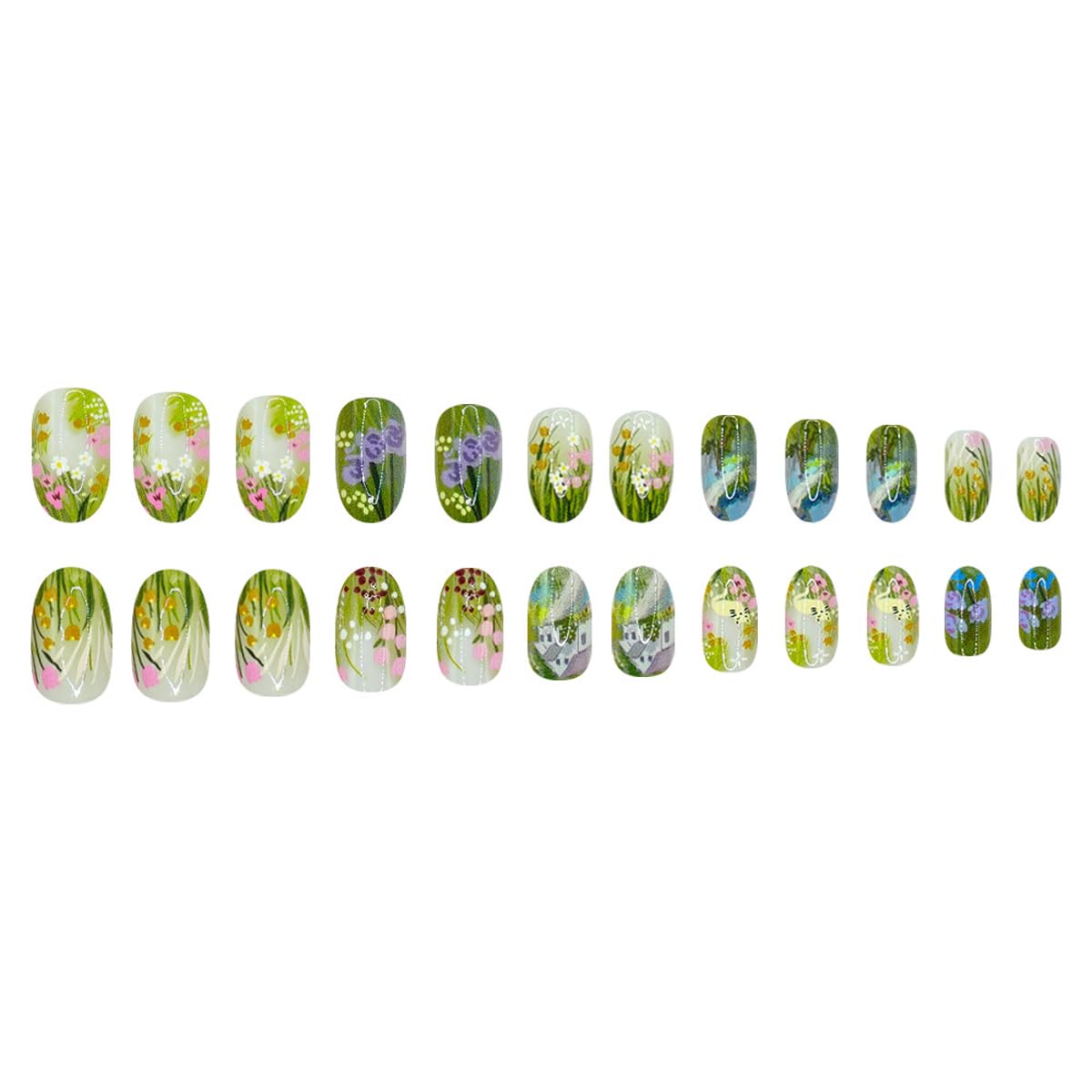 Short Press on Nails Oval - Green with Flower Design, Oil Painting Style Full Cover Glossy Fake Nails 24PCS for Women Manicure