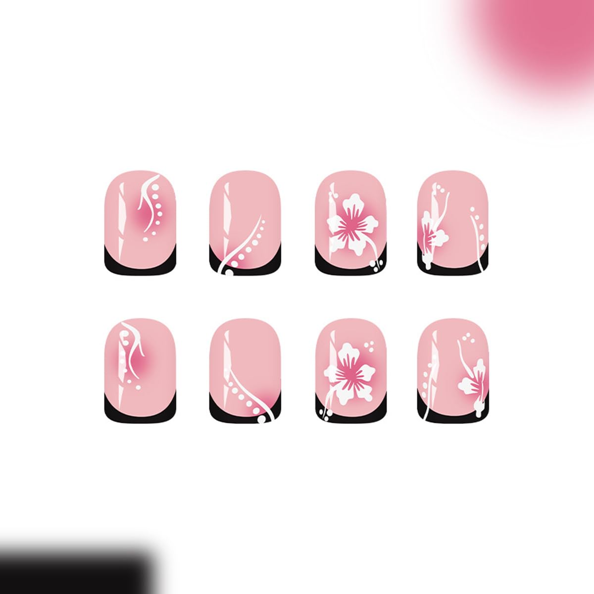 Square Press on Nails Medium, Black French Tip Fake Nails with 3D Rhinestone & Flower Design Glossy Nude False Nails Press ons Full Cover Glue on Nail for Women Nail Art Decoration 24Pcs