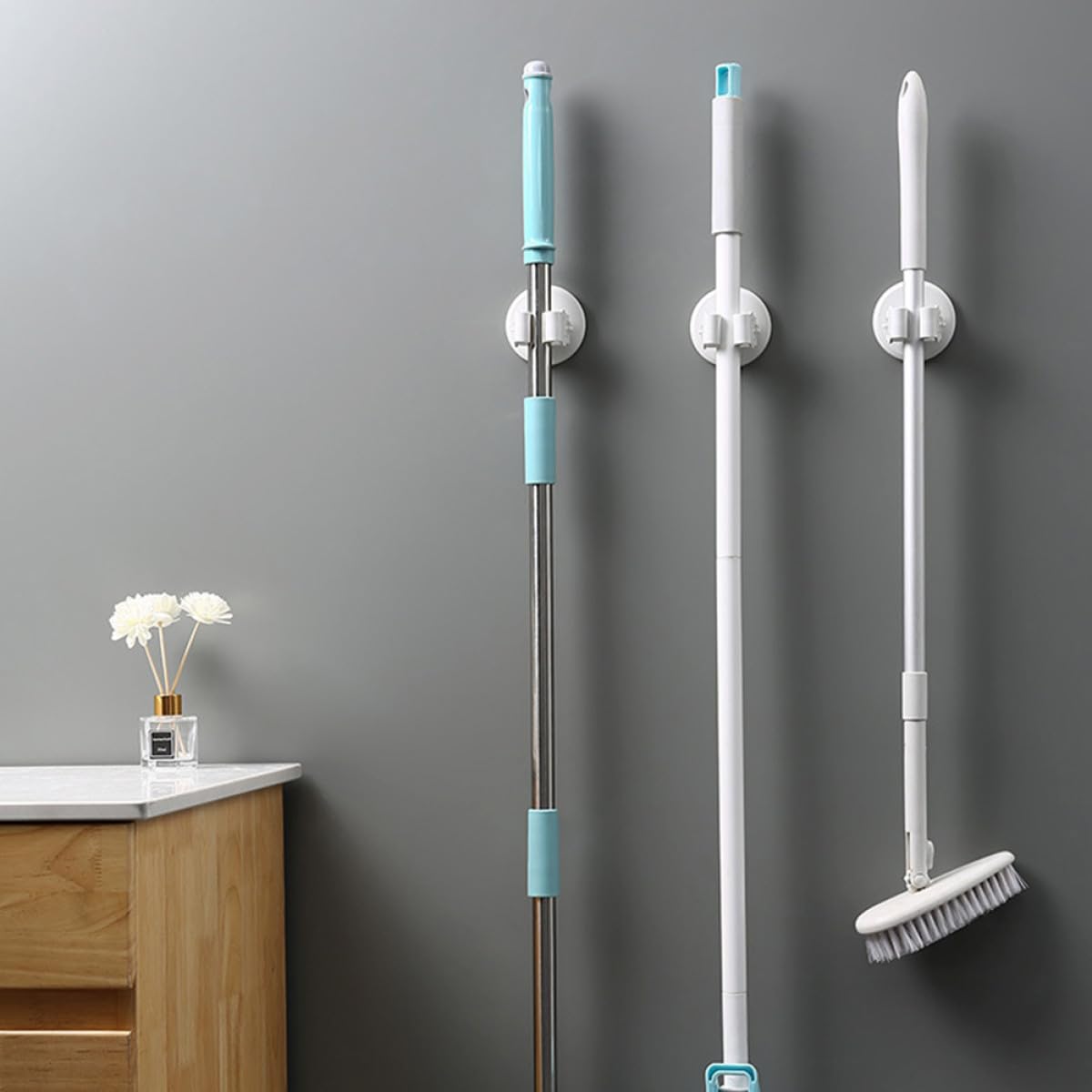 Mop Broom Holder Wall Mount 3pcs White Suction Cup Clamps Anti