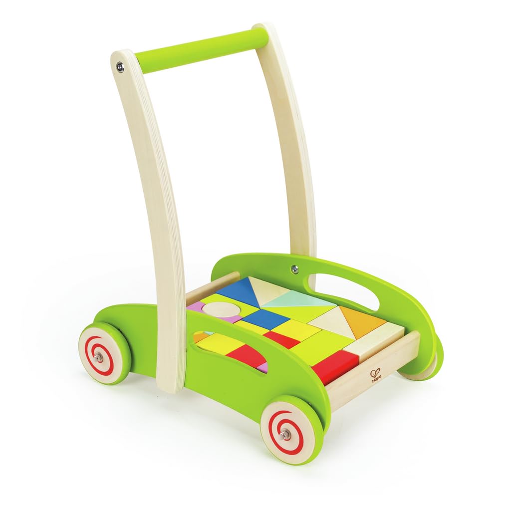 Hape Block and Roll Cart Toddler Wooden Push and Pull Toy, Multicolored (E0371B)