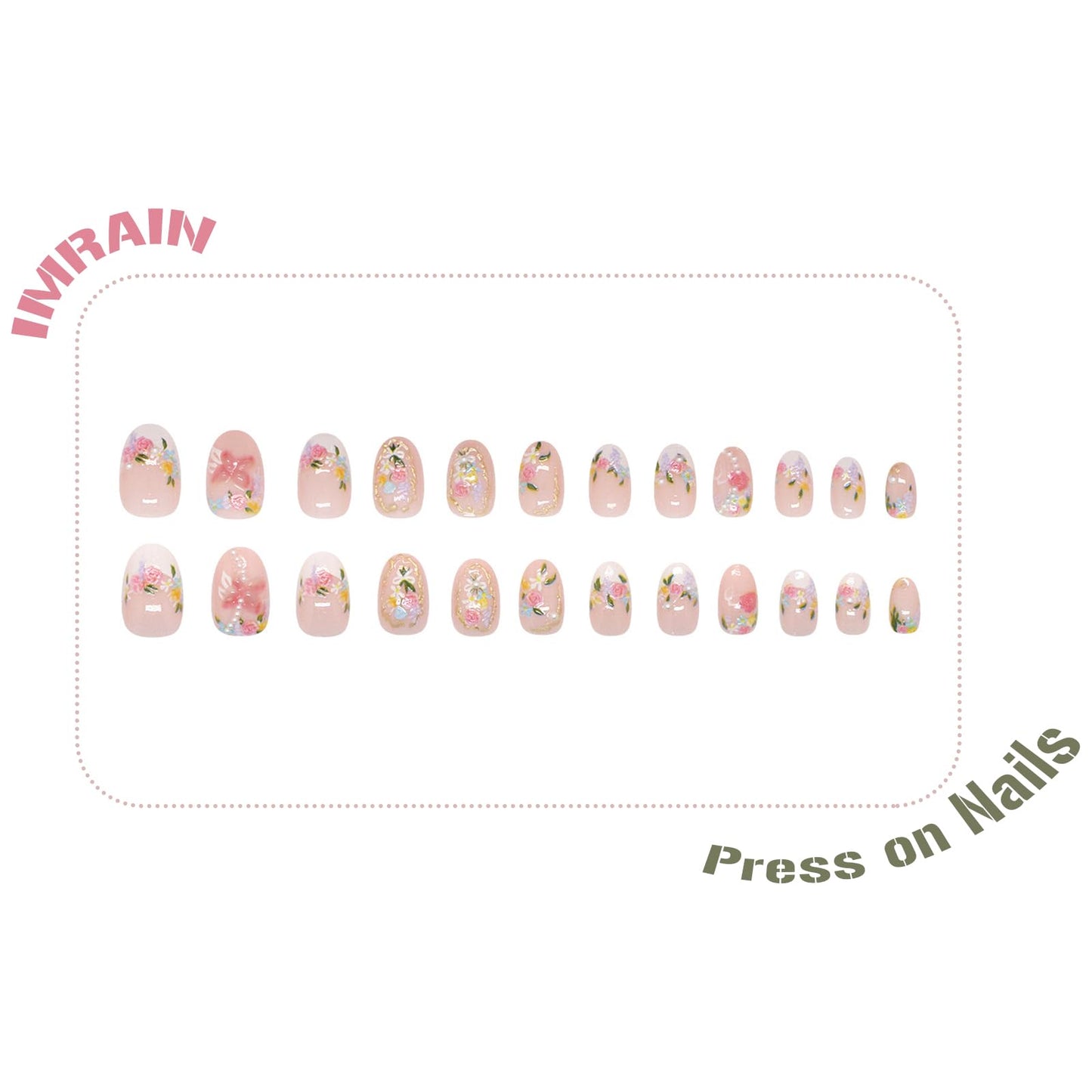 IMRAIN Press on Nails - Pearl & Flower | Short Oval Fake Nails | Full Cover Glossy French Tips Glue on Nails 24Pcs